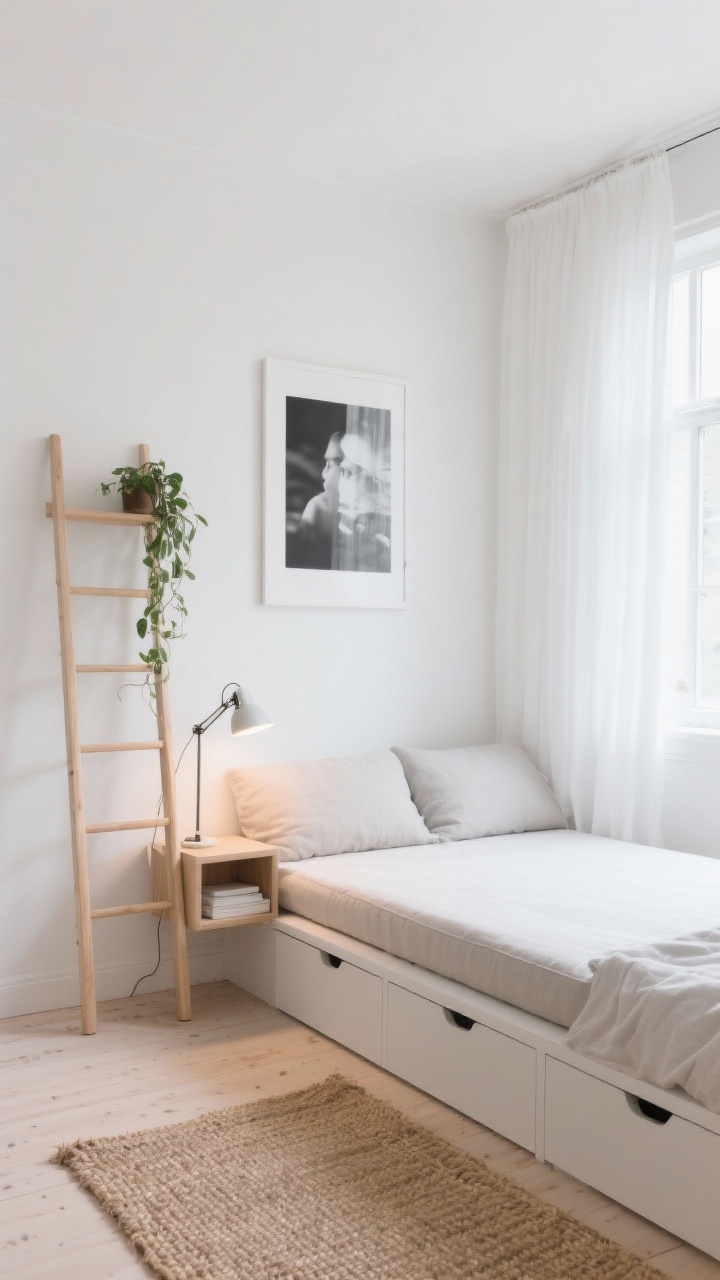 Wide shot, Scandinavian daybed studio: a bright, breezy small bedroom with a low-profile twin or full daybed featuring a firm seat cushion and hidden drawers underneath; palette of white, sand, and soft gray with light oak accents; a slim ladder shelf acting as a nightstand holds a dimmable clamp lamp and a trailing plant; pale wood flooring with a woven jute rug; sheer white linen window panels skimming the floor; one oversized black-and-white photograph centered above the daybed; clean surfaces, natural daylight, photorealistic, straight-on perspective emphasizing airy minimalism and texture.