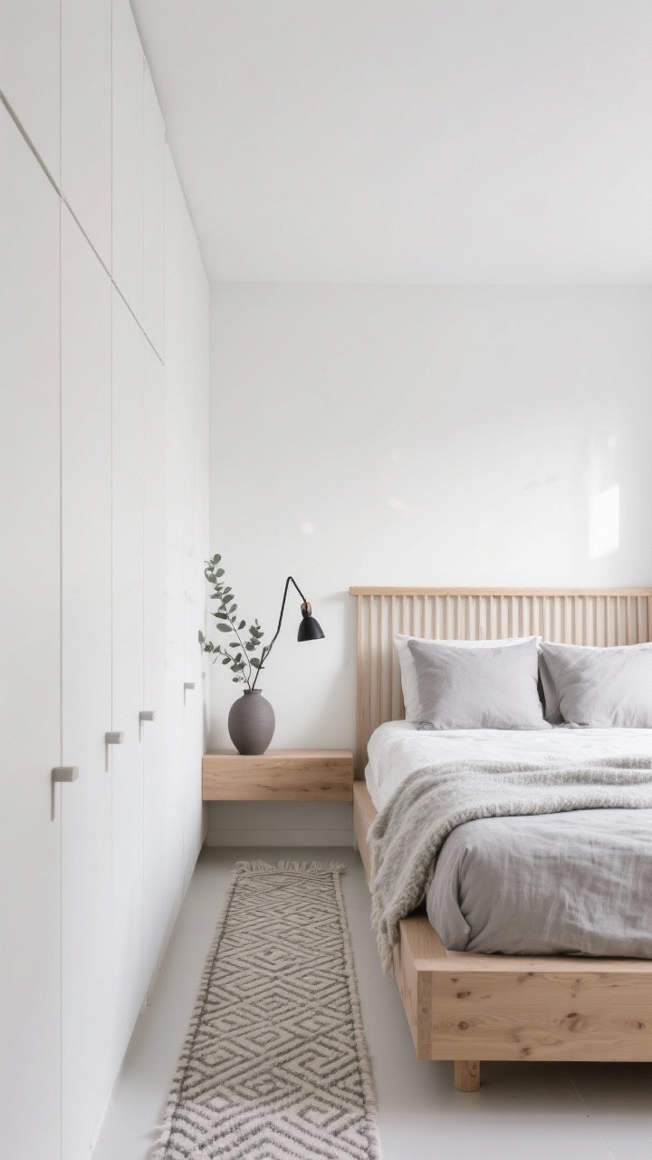 Wide shot, Scandinavian narrow bedroom in soft white and pale oak: whitewashed walls, low-profile oak platform bed with a full-length slatted wood headboard like a rail, floating oak night ledges instead of tables, narrow wall-mounted wardrobe with flat handleless doors, runner rug with quiet geometric pattern elongating the floor, nubby linen duvet in dove gray with light gray wool throw and two oversized euro pillows, black swing-arm sconces mounted on the headboard, single eucalyptus branch in a matte ceramic vase; clean, airy, intentional styling with soft daylight, photorealistic.