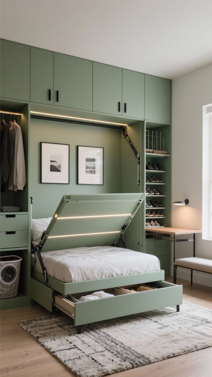 Wide shot, smart built-in wall bed: a Murphy bed integrated into built-in wardrobes with an overhead cabinet bridge; sleek matte finish in sage green with slim black pulls; bed deployed with integrated LED strip lighting as reading lights; two framed prints that remain centered above the bed; interior glimpses of organized storage with drawer dividers, vertical shoe racks, and a pull-out laundry hamper; day-mode elements visible folded away, with a fold-down wall-mounted table and slim bench tucked nearby; low-pile rug positioned so it’s not trapped by the mechanism; compact diffuser on a shelf; clean modern lighting, corner perspective, photorealistic.