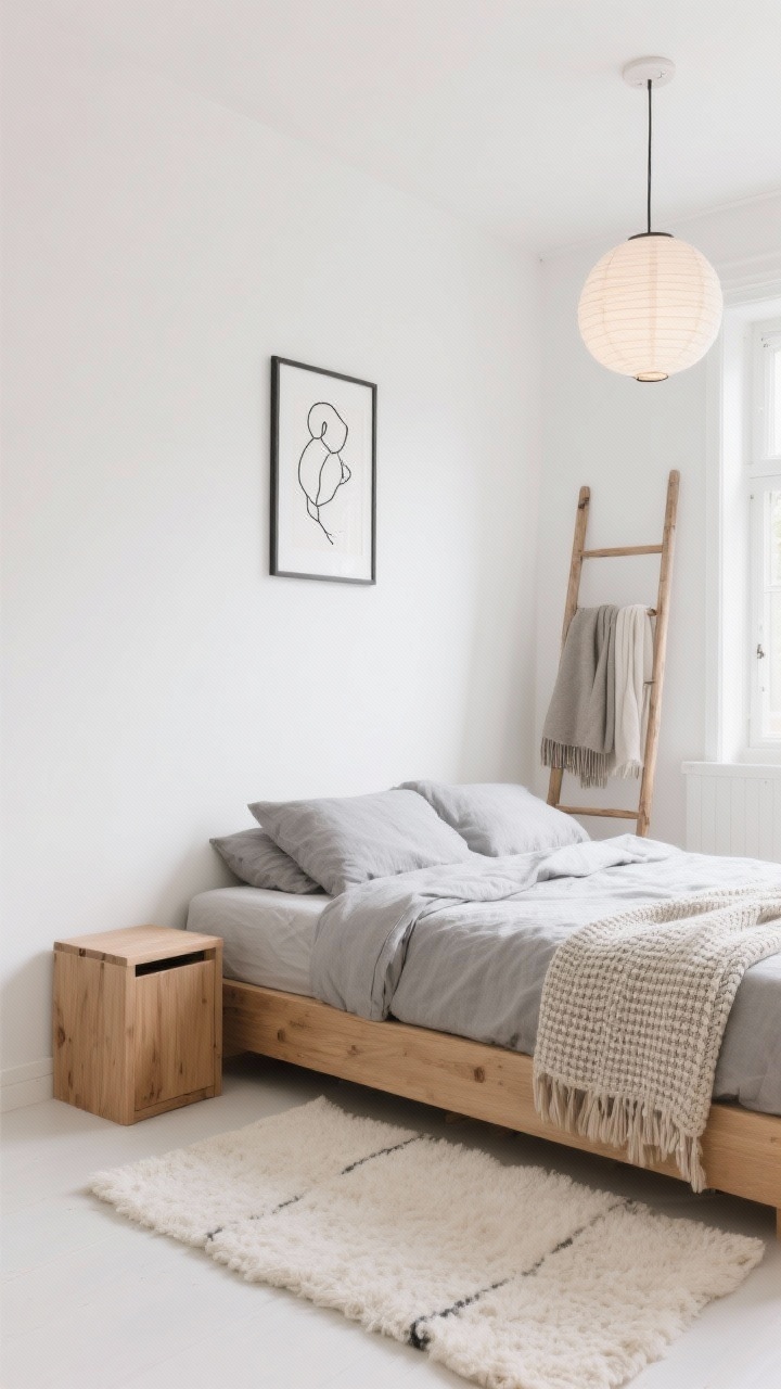 Wide shot, Soft Scandinavian Calm: a bright, airy small bedroom with warm white walls and natural light; low natural oak platform bed without headboard; a single slim oak nightstand with chamfered edges; framed minimal black line art centered above the bed; stone-gray linen duvet, folded waffle-knit blanket, plush cream rug underfoot; a narrow leaning ladder rack holding a throw and tomorrow’s outfit; warm white, oat, gray, natural oak palette; soft glow from a single paper lantern pendant; photorealistic, straight-on view, uncluttered surfaces.