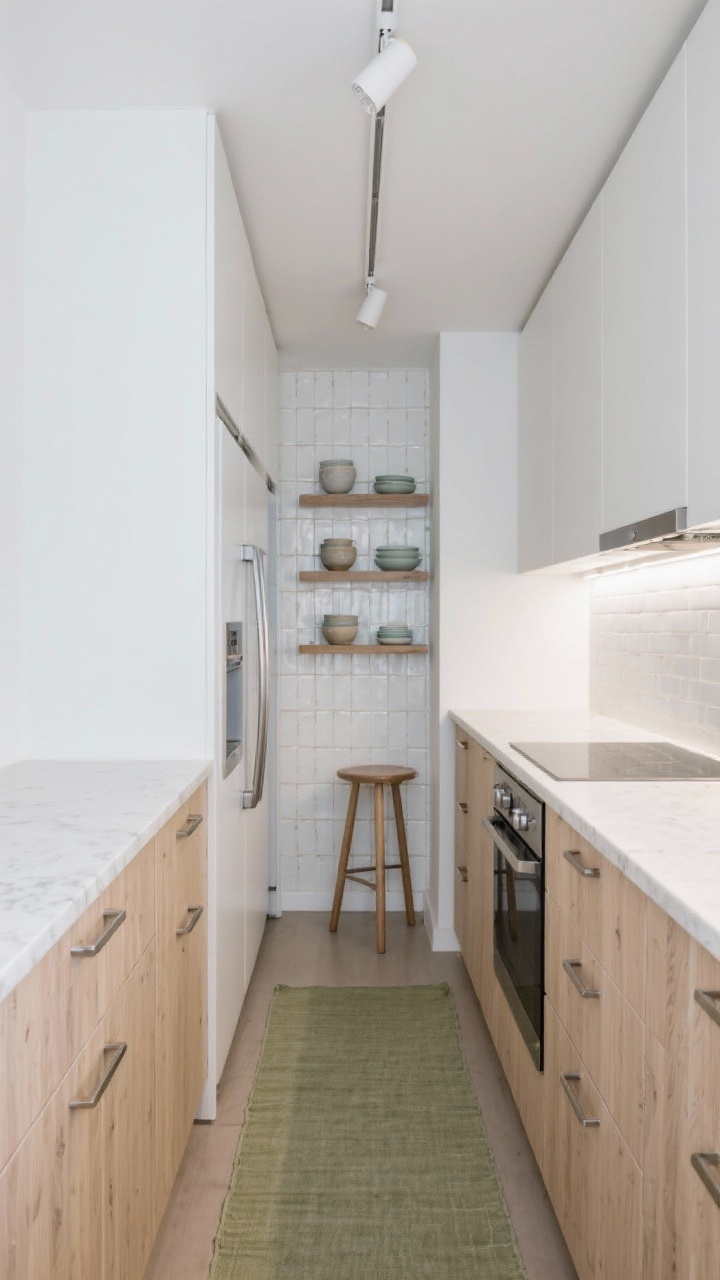 Wide shot, straight-on: A Scandinavian slimline galley kitchen in a narrow apartment corridor with matte white flat-panel upper cabinets and pale ash wood lower drawers on both sides. Slim white quartz counters with brushed nickel finger pulls, a vertical stacked white zellige tile backsplash with soft hand-glazed texture, and a single open shelf running the full wall holding muted stoneware dishes. Include a 24-inch counter-depth fridge, induction cooktop, compact wall oven, under-cabinet LED strip glow, and a sleek ceiling track light with adjustable heads. Add a slim sage linen runner on the floor and a tall Scandi stool tucked beneath a fold-down ledge. Color palette: white, ash wood, matte nickel, touch of sage. Bright, airy, calm lighting.