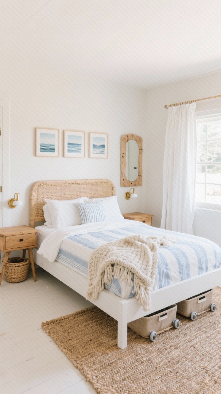 Wide shot, straight-on view of a light and airy coastal small bedroom: whitewashed room with sand-beige walls, queen bed centered on the longest wall with a simple rattan headboard and low-profile white platform frame. Breezy white linen curtains hung high and wide, slim natural wood nightstands with a single drawer and belly baskets beneath. Brass plug-in sconces over each nightstand. Textiles include a white-and-soft-blue striped seersucker duvet, chunky knit throw draped at the foot, and a woven jute rug under the bed. Above the headboard, a trio of seascape prints; opposite the window, a bleached wood mirror. Under-bed rolling bins slightly visible, and a tall narrow dresser near the door. Color palette: white, sand, driftwood, soft blue. Soft daylight, crisp photorealism, no people.