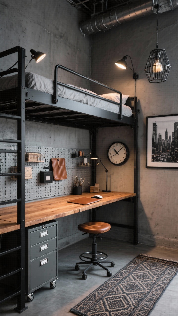 Wide, slightly elevated corner-angle photorealistic view of an urban industrial setup: black metal lofted bed with a clip-on reading light up top; underneath, a long warm-wood desktop workstation with wire-grid pegboards for storage, a filing cabinet on wheels, and a backless task stool; walls painted cement gray; cognac leather accents (mouse pad and desk accessories), black-framed city photography, a metal cage pendant overhead, an industrial wall clock; vintage-look patterned runner along the floor; moody yet functional lighting.