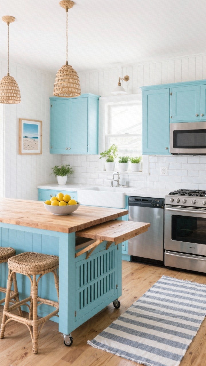 Wide, slightly elevated straight-on view: A bright coastal one-wall kitchen with soft blue lower cabinets, white beadboard uppers, and a cheerful butcher block counter. Crisp white subway tile backsplash with powder-blue grout. A mobile island on casters with a slatted shelf, drop-leaf side, and rattan stools nearby. Appliances include a 24-inch range, slimline dishwasher, and a microwave tucked into an upper cabinet. Woven pendants overhead cast soft light, a striped cotton runner spans the floor, and a bowl of lemons adds a pop. Style with a framed beach photograph and a small windowsill herb garden in white ceramic pots. Palette: cloud white, sea-glass blue, natural oak, brushed chrome. Breezy daylight.
