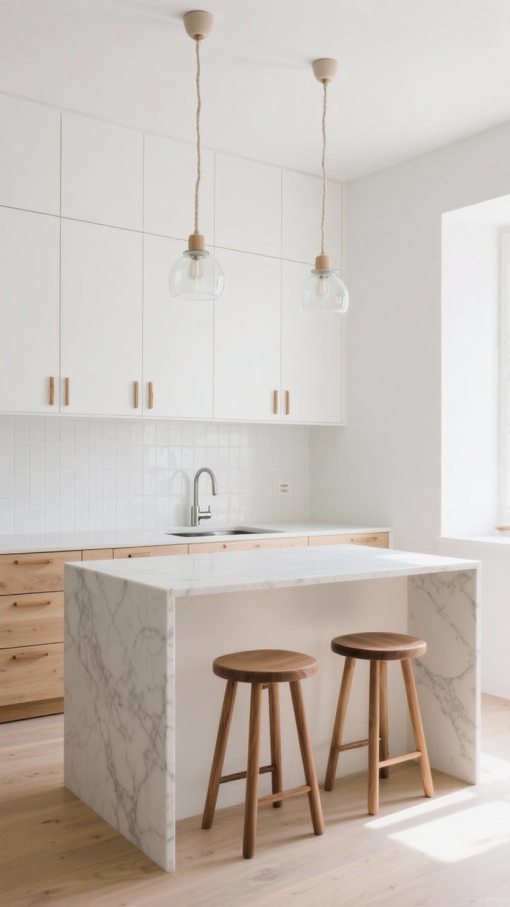 Wide, straight-on photorealistic shot of a Scandinavian lightbox kitchen: matte white flat-front cabinets, soft oak accents, and a slim 24-inch-deep pale quartz waterfall island with hidden drawer banks on both sides and a petite undermount prep sink with a brushed nickel faucet. Palette is cloud white, ash wood, and soft gray veining. Vertical milk-glass white zellige tile backsplash, finger grooves and tiny oak pulls, two delicate glass pendants on linen cords above the island, and two low-back oak stools fully tucked under. Bright natural daylight, minimal visual clutter, calm airy mood.