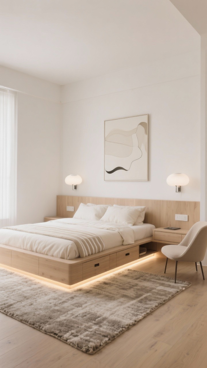 Wide, straight-on photorealistic shot of a serene “Minimalist Cloud” small bedroom: a floating platform bed with built-in shallow under-bed drawers and a wall-mounted headboard shelf replacing nightstands; warm white walls, pale oak wood tones, cream linen bedding with a faint stripe; oversized textured rug underfoot, two minimalist sconces flanking one large abstract print above the headboard; hidden LED strip glow under the bed creating a soft nightlight effect; include a slim armless accent chair; airy, uncluttered, boutique-hotel vibe.