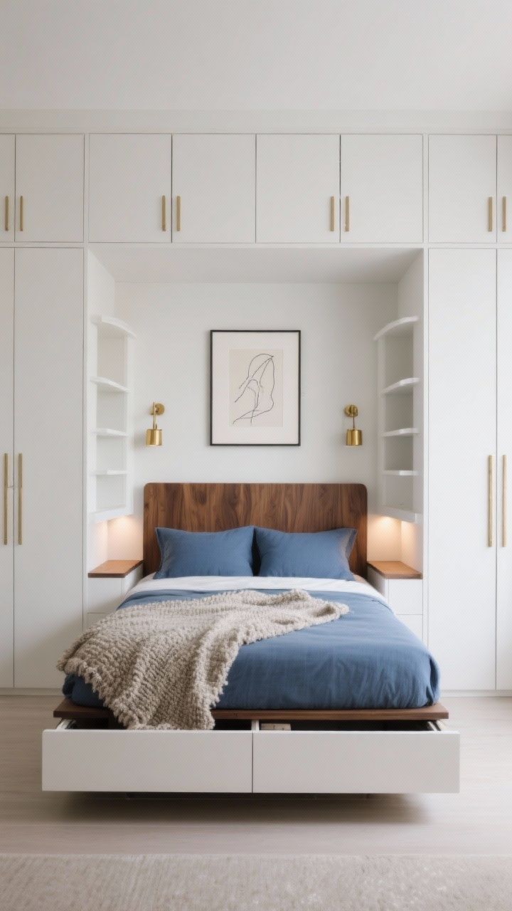 Wide, straight-on photorealistic view of a built-in bed niche: matte white floor-to-ceiling cabinetry with slim brass pulls forms flanking wardrobes and overhead cupboards around a niche bed; walnut headboard panel inside the niche, denim-blue bedding; pull-out shelf night ledges on both sides, recessed reading lights within the niche; hidden cubbies suggested above the headboard; brass sconces, framed line art inside the niche, and a textured bouclé throw; cohesive finishes and vertical lines to emphasize height.
