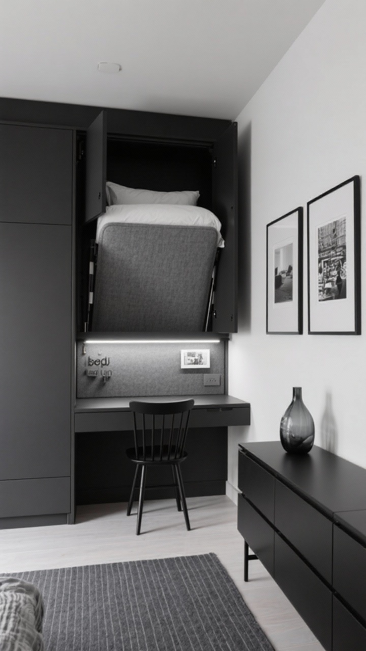 Wide, straight-on view, Modern Monochrome Wall Bed: Sleek small bedroom with a murphy bed unit in a black-and-white palette, shown in the “bed up” position revealing an integrated fold-down desk that remains level. Flat-front cabinets frame the wall bed for closed storage. Black spindle chair at the desk, linear LED task light under the cabinet casting even illumination, subtle gray wool-upholstered pinboard above the desk. Opposite wall shows a long charcoal-striped runner elongating the room, narrow matte black dresser, black metal frames with grayscale photography, smoked glass vase. Clean, polished, ultra-functional, photorealistic.