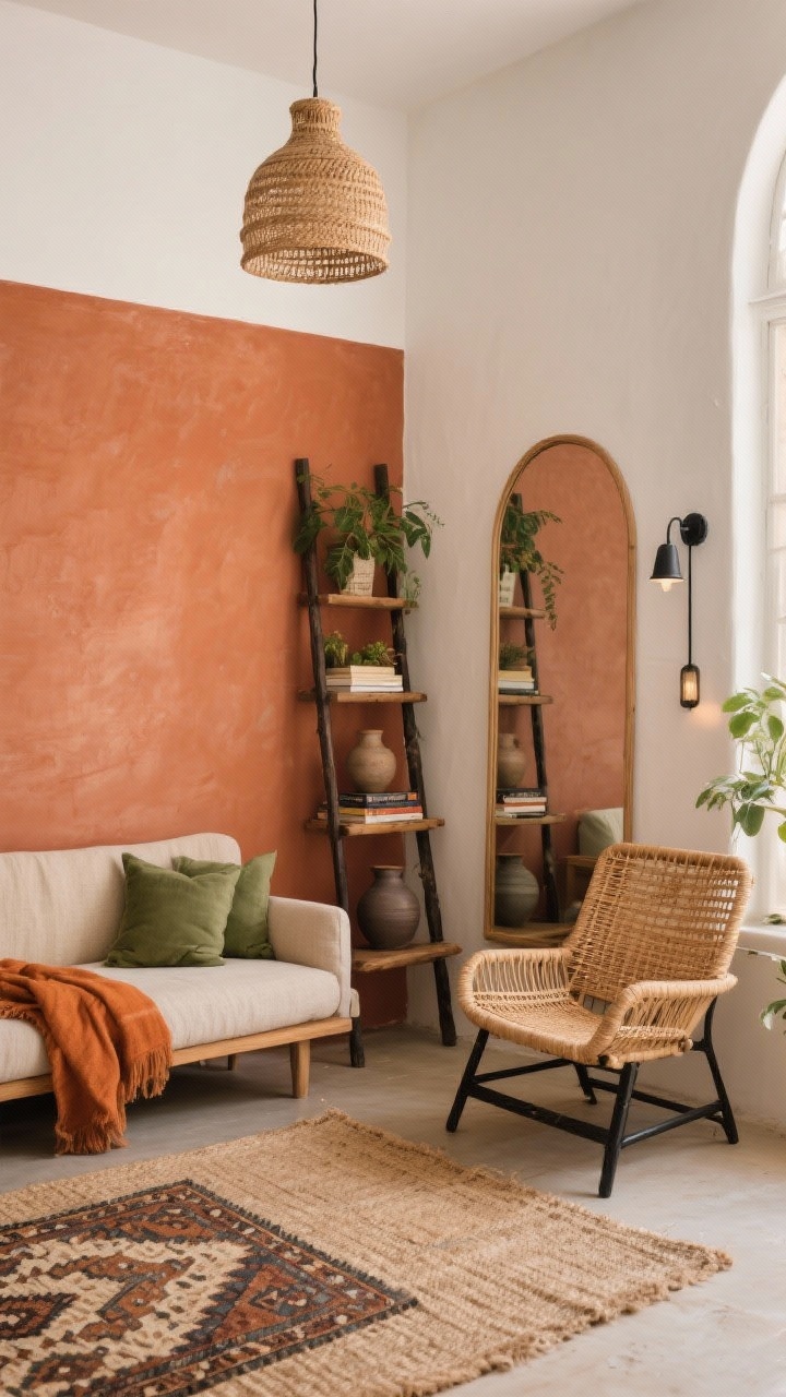 Corner medium shot, Earthy Boho with vertical emphasis: walls painted two-tone with terracotta on lower two-thirds and warm white on top third, slim-profile flax sofa, rattan hanging chair floating in the corner, ladder-style shelf rising upward with plants and books, tall arched floor mirror drawing the eye up, layered rugs—a flat jute base with a smaller patterned kilim on top—defining a conversational zone, materials of cane, rattan, raw wood, matte-glazed pottery, color hits of sage green cushions, ochre throw, and grounding black iron accents; warm natural light with a woven pendant overhead and plug-in wall sconces, cozy yet light, photorealistic.