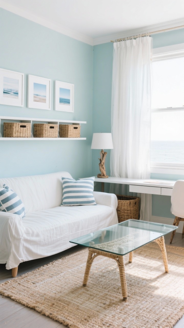 Corner wide shot, Coastal Compact Calm: breezy small apartment living room with airy blues and sandy neutrals. A slim slipcovered loveseat in soft white sits over a layered jute rug. Glass-top coffee table with rattan legs keeps the look light. Gauzy white curtains hung high and wide elongate the window wall. Lidded woven baskets under a wall-mounted shelf provide storage. Gallery of coastal prints in thin white frames, nautical stripe pillows, and a driftwood-style lamp base on a slim console tucked behind the sofa (doubling as a desk). Palette: seafoam, sand, white, driftwood tones; bright natural daylight, photorealistic.