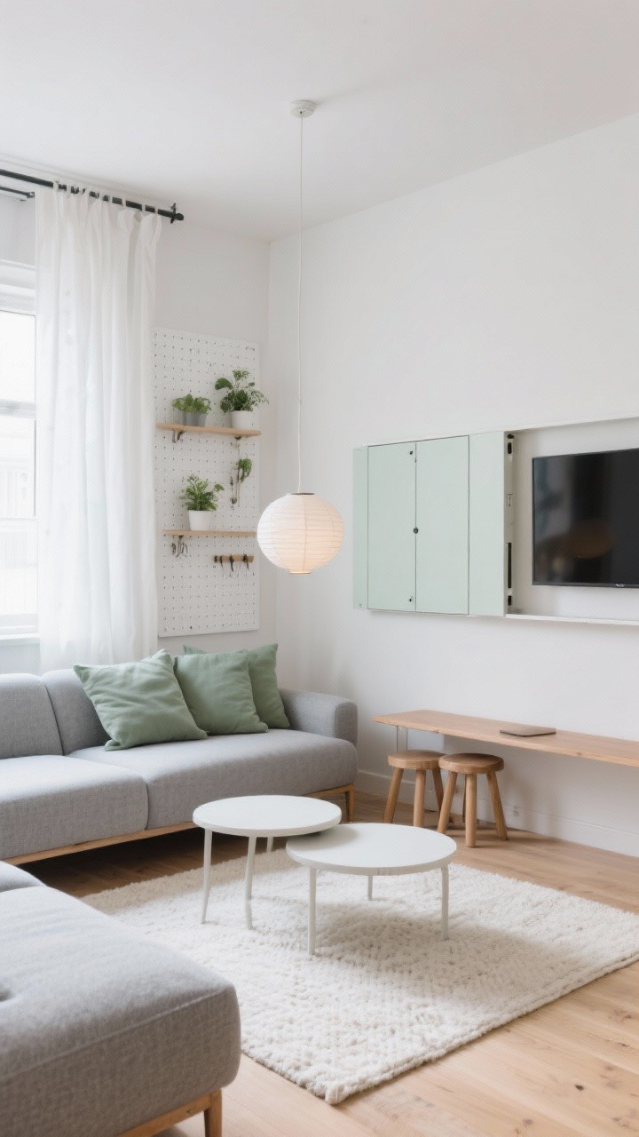 Corner wide shot, Scandinavian Slide-and-Stow Studio: Minimal, light-filled living room in soft oak, cloud gray, and chalk white with small hits of sage. A wall-mounted media rail with sliding panels shows a TV on one side and concealed storage on the other. A slimline armless textured gray sofa faces a two-piece round coffee table where one piece tucks fully under the other. A white pegboard wall holds planters, shelves, and hooks in an orderly grid. A narrow console table behind the sofa with two stackable stools tucked under it. Ceiling-mounted curtain track with chalk-white curtains partially drawn to create a flexible zone. Flat-woven ivory rug, paper lantern pendant, and three sage linen cushions. Clean, serene daylight, photorealistic.