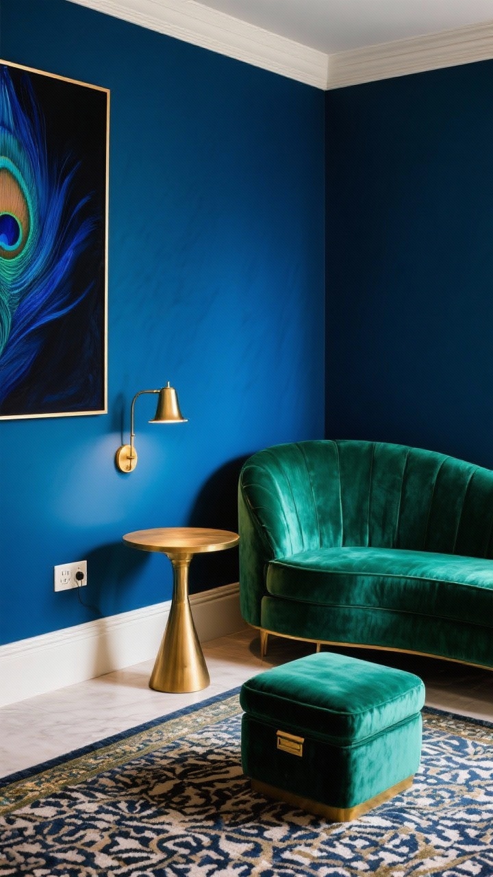 Detail closeup, Color-Drenched Jewel Box: richly colored corner with peacock blue satin-finish wall and an emerald velvet curved loveseat. A small round brass side table glows against the deep tones. One oversized dramatic artwork edge visible on the wall. Upholstered storage ottoman tucked nearby. Patterned rug shows a thread of the wall color woven through. Plug-in wall sconce casts warm light, freeing surface space. Palette: peacock, emerald, brass, inky navy, cream for contrast. Intimate, luxe, photorealistic texture and sheen.
