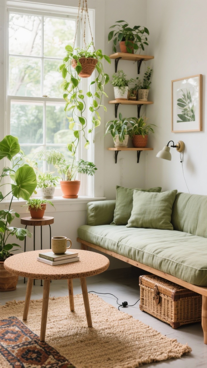 Detail/closeup from the plant-filled window lounge: slim daybed under a bright window, upholstered in sage linen with soft natural light. Surrounding tiered plant stands, hanging planters, and a trailing pothos softening the frame. Round cork coffee table with a ceramic mug and small book stack visible. Earthy palette accents—olive, sand, terracotta, natural wood. Foreground glimpse of natural sisal rug layered with a small kilim. Plug-in adjustable-arm wall sconce for reading; low rattan trunk peeking under the daybed. Fresh greenhouse-meets-gallery vibe.