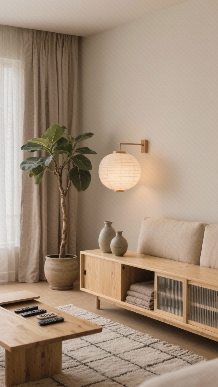 Detail closeup, Japandi Calm storage focus: warm greige wall with linen drapes perfectly color-matched, edge of an oatmeal low taut-cushion sofa, blonde wood storage bench running along the wall, lift-top coffee table partially opened with neatly stashed remotes/throws, shoji-style cabinet with ribbed glass subtly blurring contents, a single sculptural rubber tree in a low ceramic planter, stoneware vases on bench, wool rug with subtle grid pattern; soft diffused lighting from a paper Akari-style lantern and a dimmable wall sconce, serene and clutter-free, photorealistic.