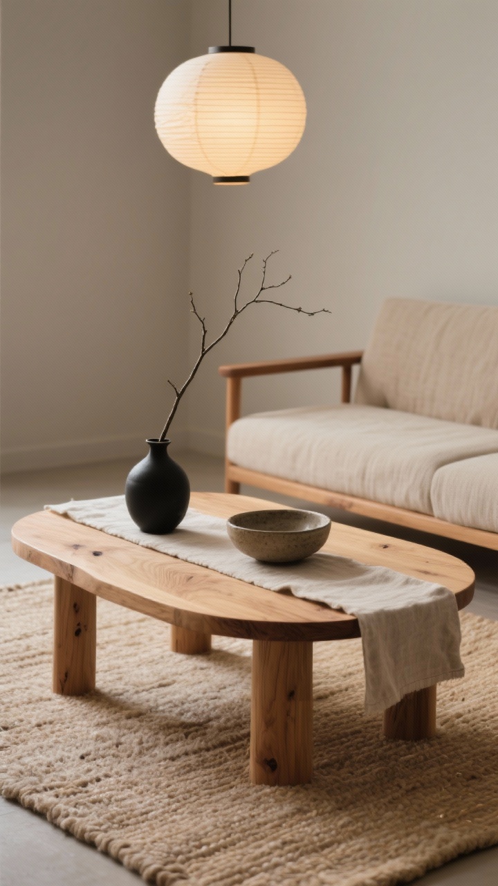 Detail closeup of warm Japandi coffee table vignette: chunky rounded-edge light oak table with visible grain, folded linen runner, matte black vase holding a single tall branch, stoneware bowl; soft-focus background showing greige walls and a low wood-framed sofa in oatmeal linen; warm, diffused glow from a paper lantern pendant above; wool-blend flatweave rug in warm beige beneath. Natural textures, organic shapes, low-profile serenity. Photorealistic.