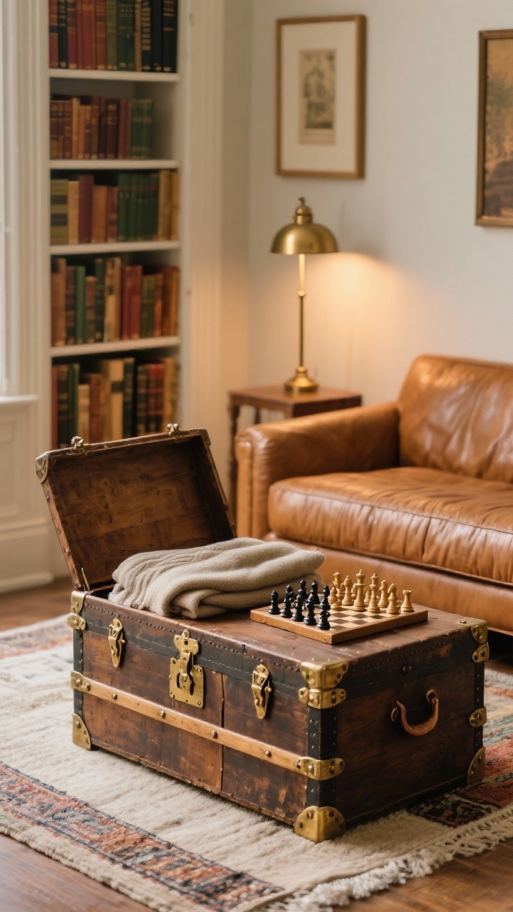 Detail closeup, Vintage Library Nook: A warm vignette focusing on a storage trunk coffee table in worn wood with brass hardware, its lid slightly open showing folded blankets and a chess set. Background softly blurred: camel leather loveseat edge, skinny ceiling-height bookcase filled with antique books styled by color, a brass floor lamp with a tiny footprint, and a wall-mounted picture light casting a warm glow over framed art. Color palette of cinnamon, olive, and cream with brass and leather textures. Layered rugs visible at the edge: neutral base with a vintage-look runner on top. Cozy, intimate lighting, photorealistic.