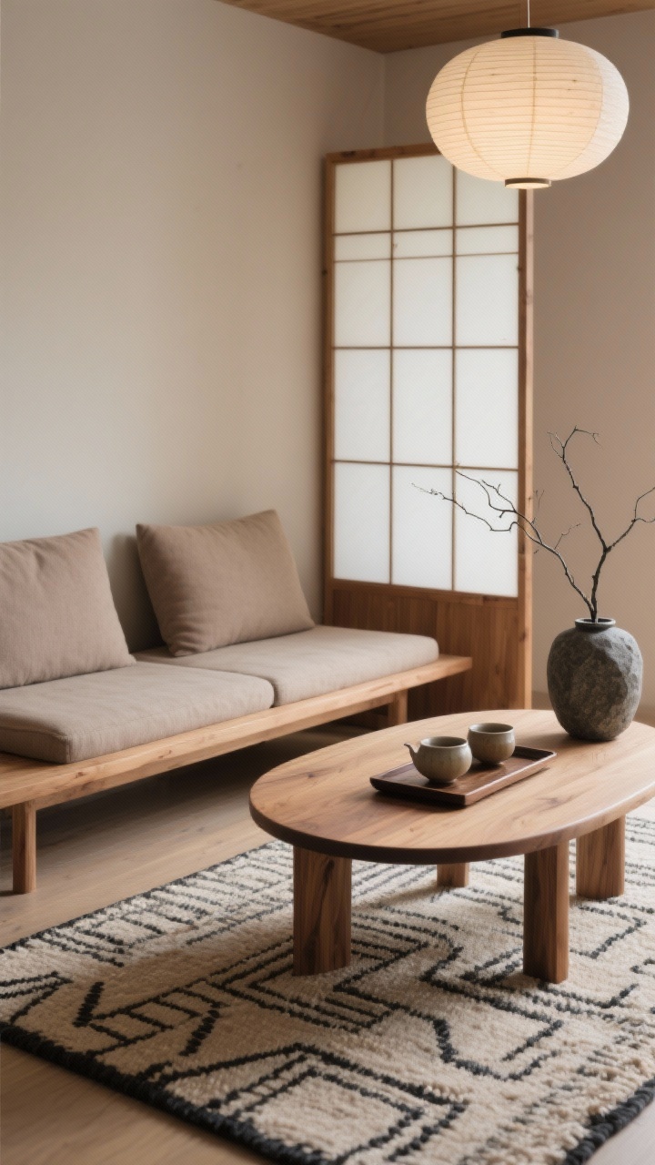 Detail closeup, Warm Minimal Japandi Nook: a calm vignette featuring a low natural wood platform sofa with flat taupe cushions beside a soft-edged oval ash coffee table. A compact shoji-style screen softly diffuses light in the background. On the table, a ceramic tea set rests on a tray; nearby, a stone vase with a single ikebana-style branch. Flatweave rug in a quiet geometric pattern underfoot. Palette of mushroom, warm wood, matte black accents; overhead diffused glow from a rice paper pendant just out of frame. Minimal, serene, photorealistic textures.
