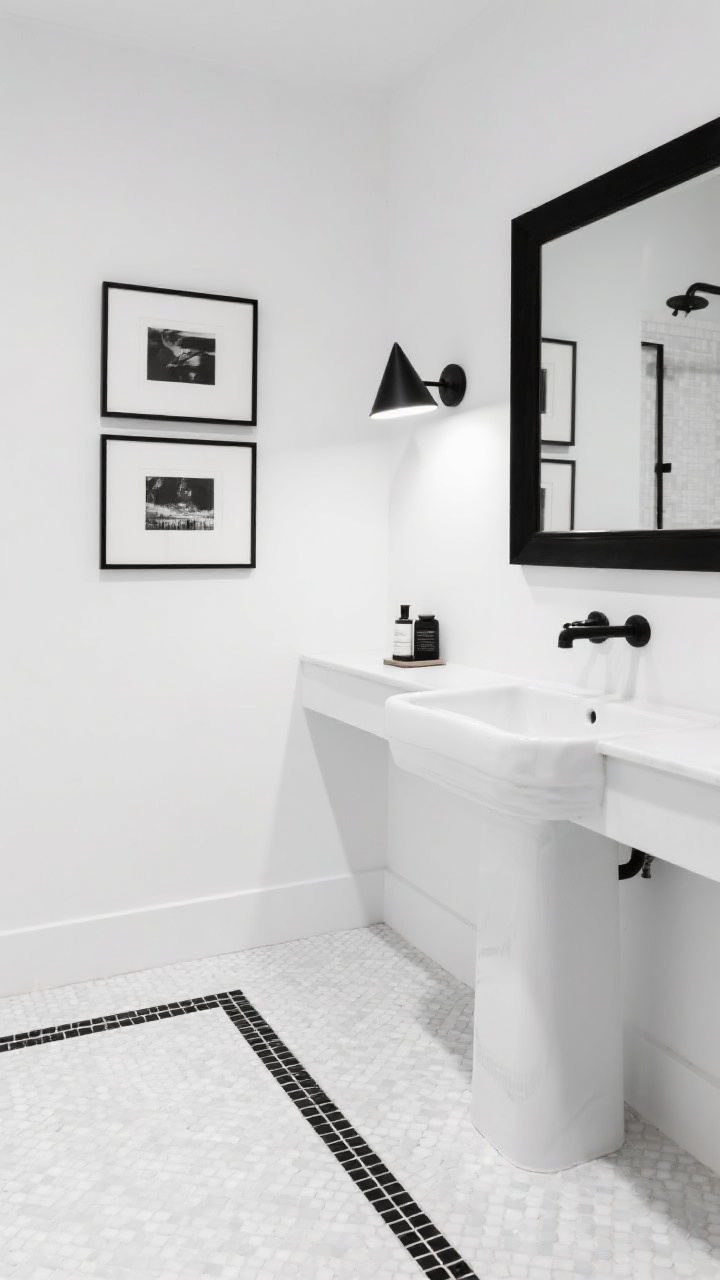Detail shot, angled closeup: High-contrast gallery elements—bright white wall meeting a micro-mosaic matte white floor with black grout, slim black shower trim line intersecting with a black-framed mirror edge, a compact white pedestal sink nearby with a narrow ledge shelf holding minimalist essentials; two stacked small black-and-white art prints partially in frame, and a matte black cone sconce casting a crisp, sculptural spotlight; crisp edges and museum-like polish emphasized, photorealistic.