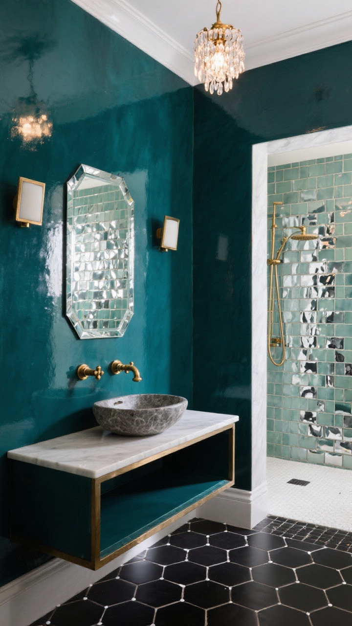 Detail shot, moody closeup: Jewel box illusion—deep teal satin wall meeting a high-gloss white ceiling reflection, a narrow console vanity with open lower shelf supporting a stone vessel sink, antique brass faucet and valves gleaming, a beveled mirror throwing tiny reflections; in the background, shiny zellige-style subway tiles in the shower with irregular sheen, layered lighting from a petite chandelier sparkle and two petite picture lights above the mirror; black hex floor with tiny white dots peeking at the edge, rich and luminous, photorealistic.