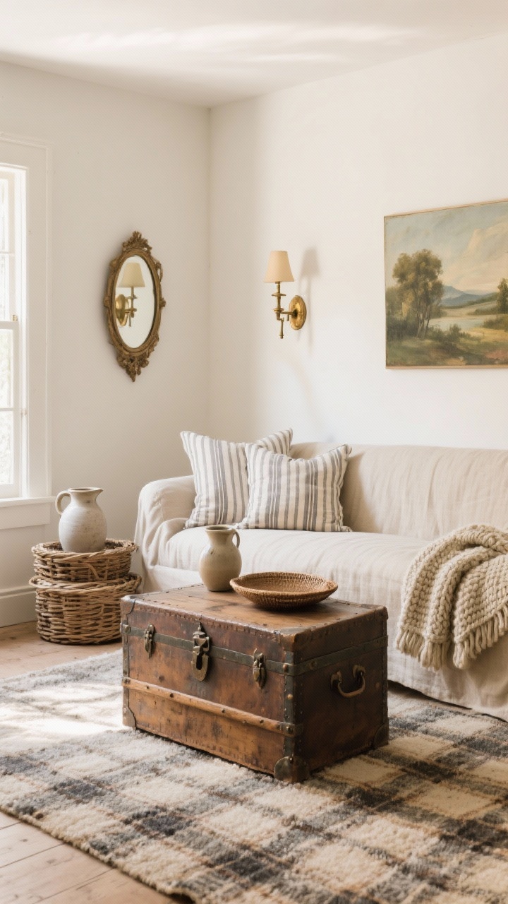 Medium corner angle of rustic luxe scene: warm white walls, narrow linen slipcovered sofa in flax, antique-look wooden trunk as coffee table with visible patina and hardware, aged brass adjustable wall sconces over the sofa, striped linen pillows and a chunky knit throw; subtle plaid wool rug on the floor; landscape oil print and a small vintage mirror on the walls; styled accents—ceramic pitchers, stacked baskets, woven tray. Soft afternoon light with sconce warmth, cozy refined mood. Photorealistic.