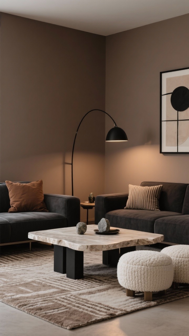 Medium corner view of a mocha modern living room: walls in warm mocha taupe cocoon the space, compact charcoal sectional with clean lines, narrow arms, and raised legs; travertine-look stone coffee table centered; pair of ivory bouclé ottomans tucked under the table; slender black arc floor lamp adding sculptural drama; subtly patterned wool rug in neutrals; ribbed throw pillows in tobacco and mushroom tones; abstract art in mattified black metal frames; small stone or onyx objects on the table. Evening ambient lighting plus the arc lamp’s glow, palette of mocha, taupe, charcoal, stone, matte black. Photorealistic.