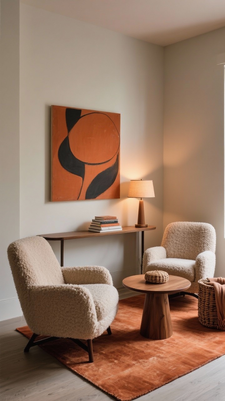 Medium shot, conversation nook with no sofa: two roomy boucle swivel chairs facing each other, slightly angled in around a small oval wood coffee table for easy circulation. Skinny console behind one chair with a lamp and stacked books. Wall-mounted bold abstract art in terracotta and charcoal sets the palette; terracotta area rug anchors the scene. Twin table lamps for symmetry on dimmed warm lighting; a lidded woven basket for blankets nearby. Cozy, intimate mood, corner angle.