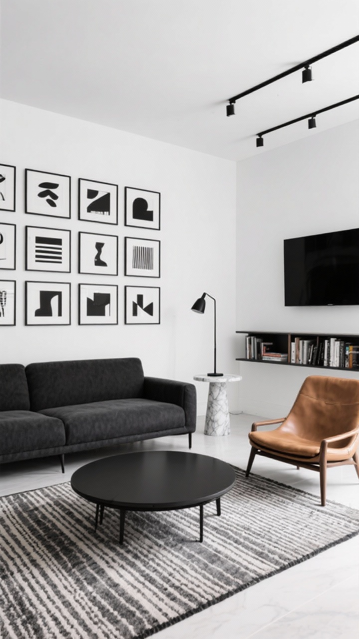 Medium shot, High-Contrast Modern Black & White seating zone: matte white walls, slim charcoal sectional with exposed legs to show floor, black-and-white abstract art arranged in a tidy grid above, marble-topped pedestal side table, skinny black metal floor lamp, floating shelf instead of bookcases, patterned flatweave rug with quiet lengthwise stripe, round black coffee table to soften angles, one camel leather accent chair adding warmth, wall-mounted TV and track lighting visible; crisp, structured, high-contrast lighting, photorealistic.