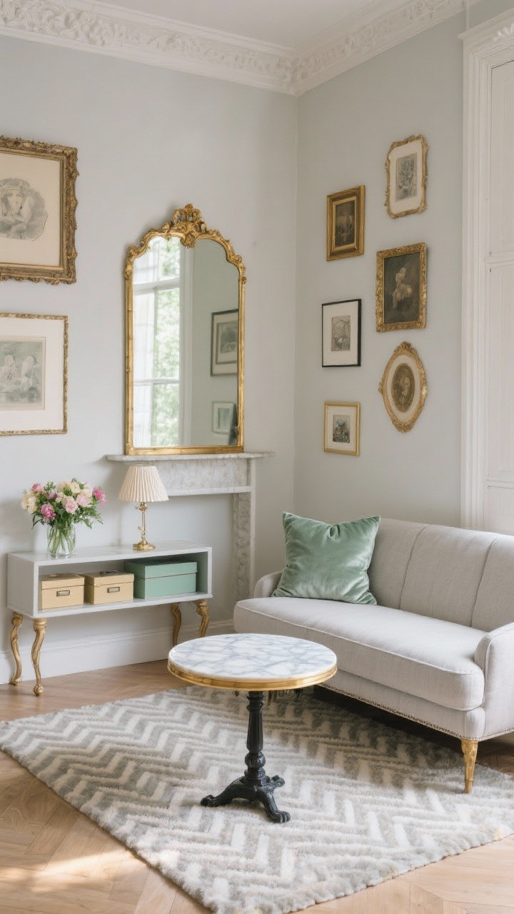 Medium shot, Modern Parisian Petite Salon: chic small living room with a tight-back linen settee in pale greige facing a petite marble bistro table used as a coffee table. A gilded vintage mirror hangs above a slim fireplace-style mantel shelf mounted on the wall. Herringbone wool rug adds texture; a velvet accent pillow in soft sage on the settee. A narrow console with turned legs holds pretty storage boxes, topped with a pleated lampshade and fresh flowers. Mixed salon wall with ornate and modern frames. Palette of greige, ivory, soft sage, touches of gold; warm afternoon light, photorealistic.