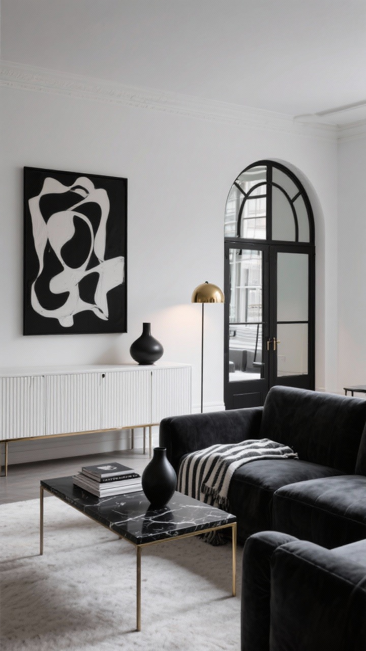 Medium shot, Monochrome City Chic: modern black-and-white living area with a charcoal velvet loveseat and a sleek black marble-top coffee table on thin metal legs. Low, long white media cabinet with fluted doors elongates the room. An oversized black-and-white abstract artwork leans against a white wall; black-framed mirrors bounce light. Arched floor lamp with a thin profile and brass dome provides a warm metallic glint. Minimal decor: crisp striped throw, stacked coffee table books, single sculptural vase. Palette of black, white, charcoal, and brushed brass; clean lines, photorealistic evening interior with soft lamp light.