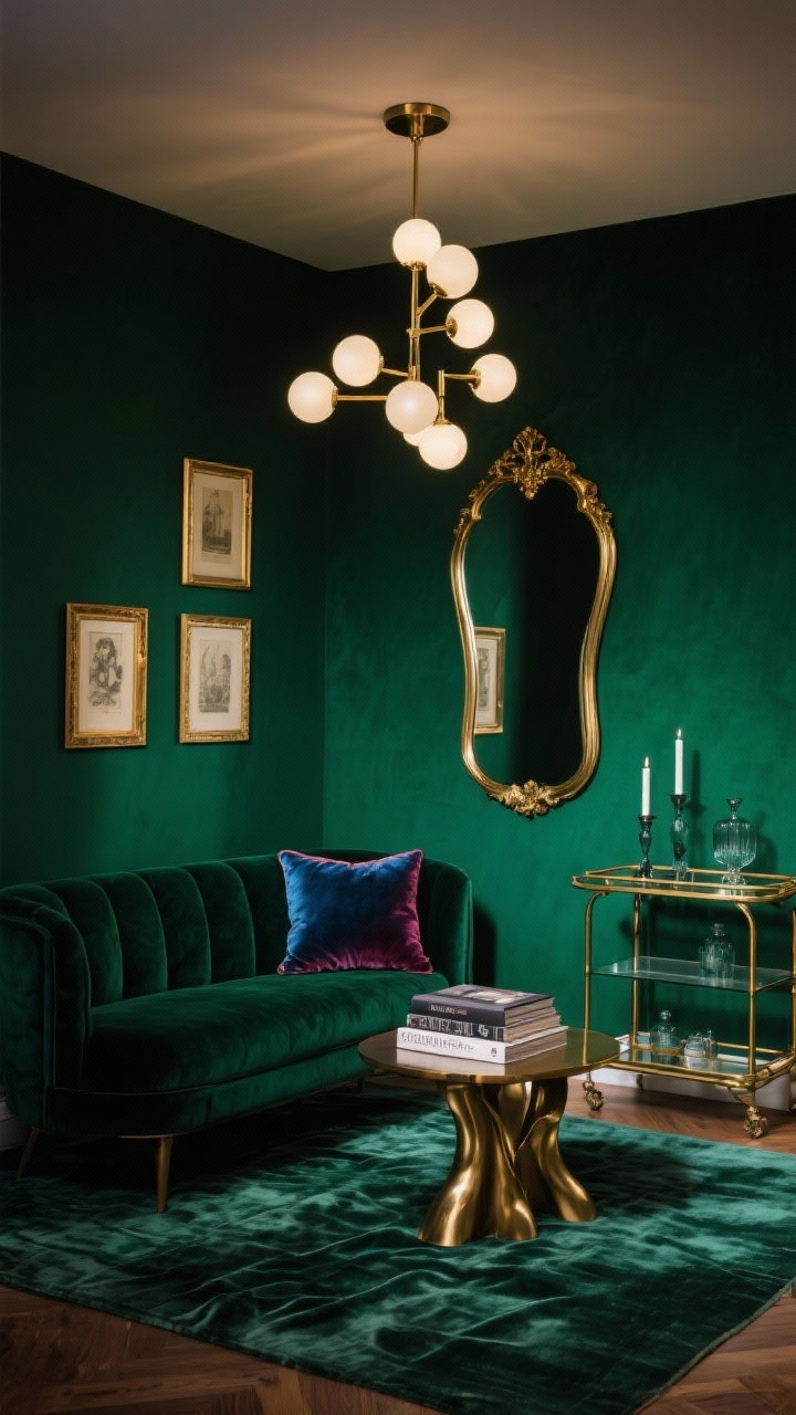 Medium shot of jewel-box glam nook: deep emerald green walls, compact velvet loveseat (emerald or rich charcoal) centered, slim brass-frame mirror above, sculptural brass side table, vintage-style brass bar cart with glass shelves; flush-mount chandelier with milky globes overhead; silk or silk-look rug with subtle sheen; trio of small gilt-framed vintage prints; smoky glass candleholders, velvet pillow in berry or sapphire, low stack of design books on the table. Moody evening lighting with chandelier glow reflecting off brass and silk. Photorealistic.