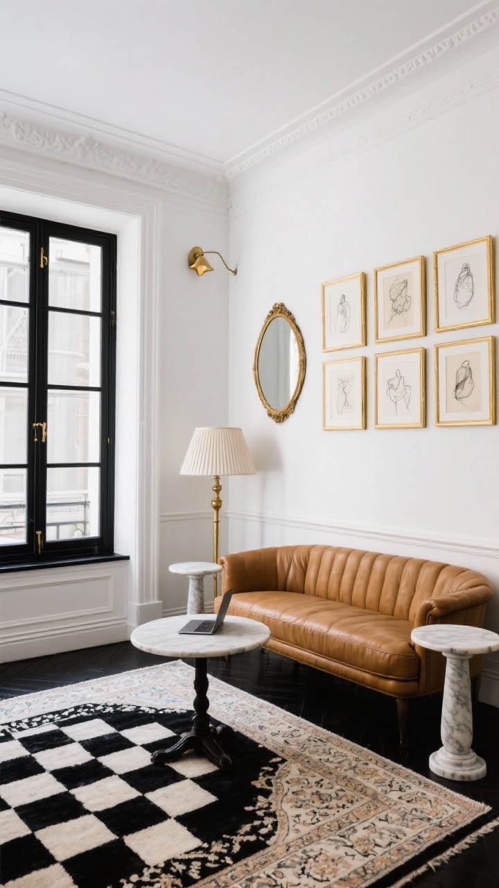 Medium shot, Parisian petite parlor style: crisp white walls, black window frames, thin crown molding. Camel leather settee along the longest wall, flanked by delicate marble-topped pedestal side tables. Tiny round bistro table in front serving as coffee perch/laptop station. Layered rugs: black-and-ivory checkerboard flatweave under a smaller Persian-style rug. Salon wall of gold frames with sketch prints and a single convex mirror; petite pleated-shade table lamp and brass picture light above the art. High-contrast, classic elegance.
