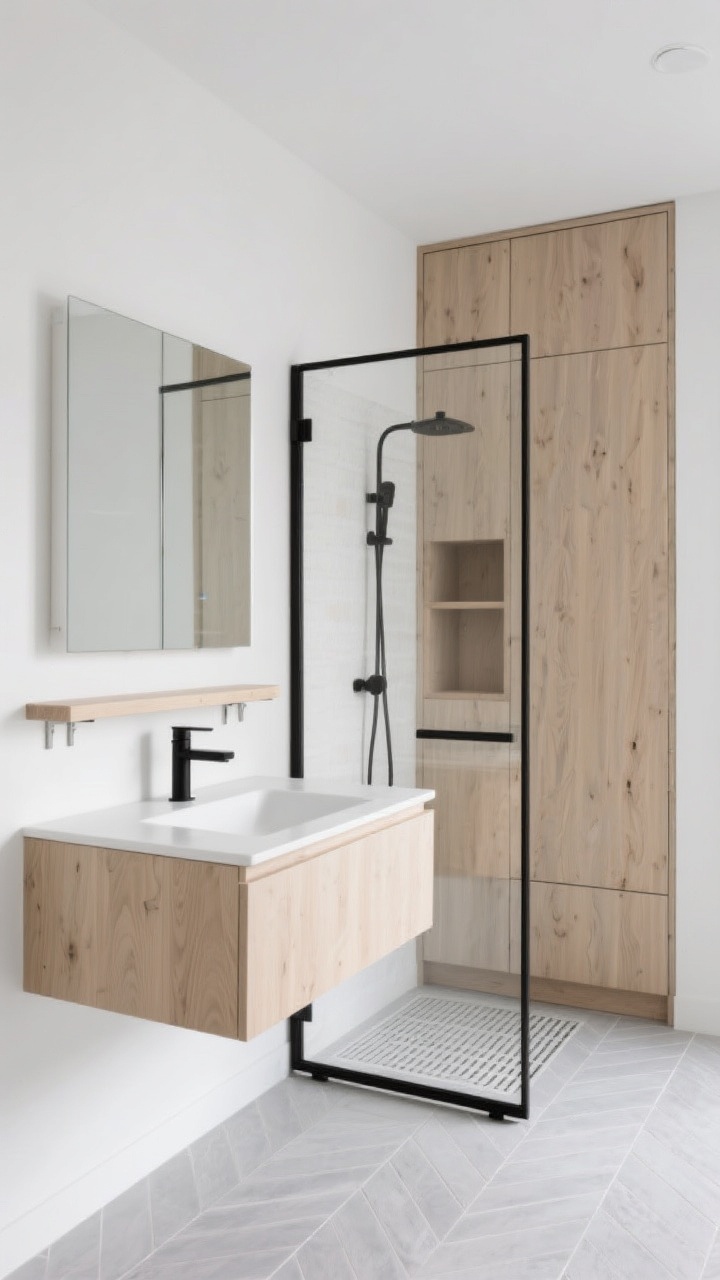 Medium shot, straight-on: A sleek Nordic nook with matte white walls and a wall-to-wall blonde oak vanity floating on near-invisible brackets, a thin-edged integrated sink, matte black fixtures providing quiet contrast, and a perfectly flush recessed medicine cabinet mirror above; light gray herringbone porcelain floor, a clear glass shower door with black linear drain and a full-height niche featuring an oak-look shelf, plus a tall, shallow handleless oak storage cabinet behind the door; concealed storage and immaculate detailing, softly diffused light, photorealistic.
