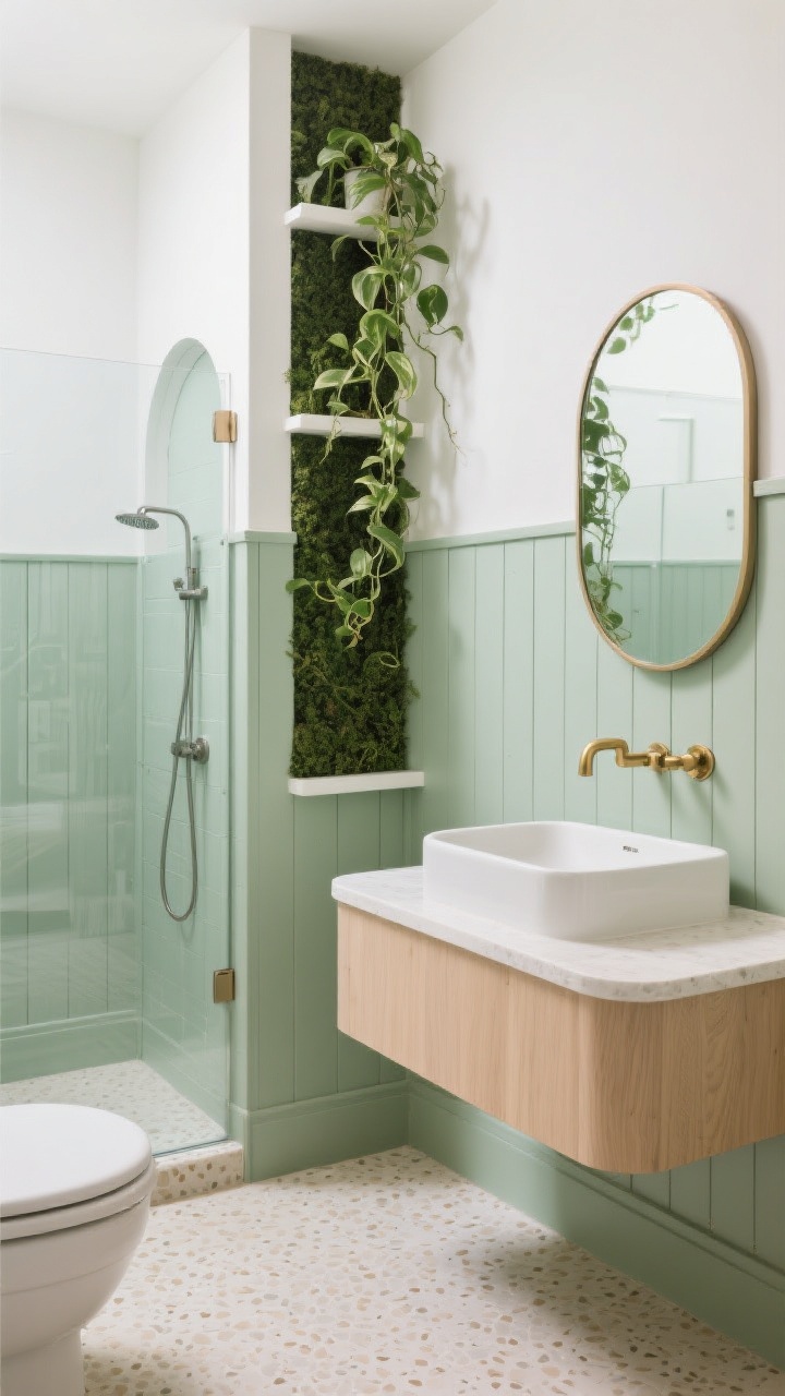 Medium shot, straight-on: A vertical garden–inspired small bath featuring soft sage green beadboard climbing two-thirds up the walls with crisp white above, a light ash floating vanity with rounded corners topped by a matte white vessel sink, a rounded-rectangle mirror, and brushed brass fixtures glowing warmly; floor in pale sandy terrazzo-look tile, a clear glass shower panel revealing an arched niche, and a trailing pothos on a high shelf drawing the eye upward; bright, fresh, and taller-feeling ambiance, photorealistic.