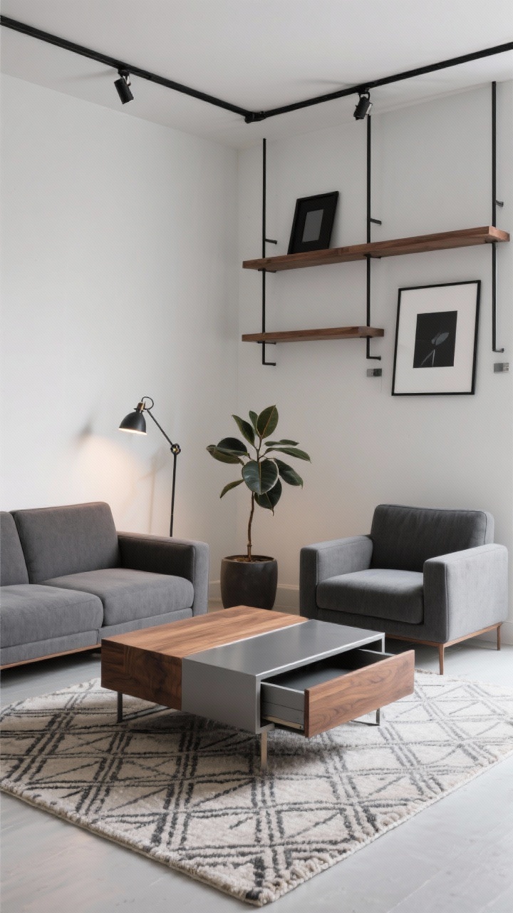 Medium shot, Urban Modular Micro-Loft: A modern living room corner featuring a low-profile modular sofa in graphite/charcoal that can separate into two chairs. A square lift-top coffee table in warm walnut with brushed steel details partially raised, revealing hidden storage. Behind, track shelving with thin black rails and adjustable walnut shelves holding matte black frames and a single sculptural plant (rubber tree) in a simple pot. Wall sconces with swing arms replace floor lamps. A flat-weave geometric rug defines the area. Lighting is crisp and even, urban minimalist mood, photorealistic, straight-on view.