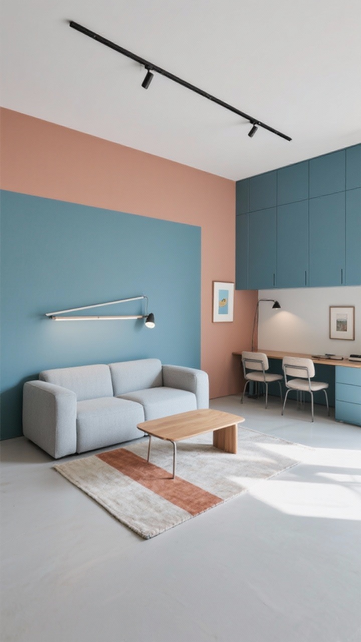 Overhead/angled studio core zoning with color blocks: a wide rectilinear muted blue painted panel behind a modular armless loveseat (split-capable) defining the lounge zone; across the room, a soft clay stripe marking the desk nook with a drop-leaf wall-mounted table. Two stackable chairs tucked beneath. Ceiling-height cabinets painted to match the wall color for disappearing storage. Rug plan: rectangle under the sofa zone and a small runner under the table. Single rail with adjustable track heads aimed at art, desk, and sofa. Daylight plus targeted spot lighting, smart multifunctional feel.