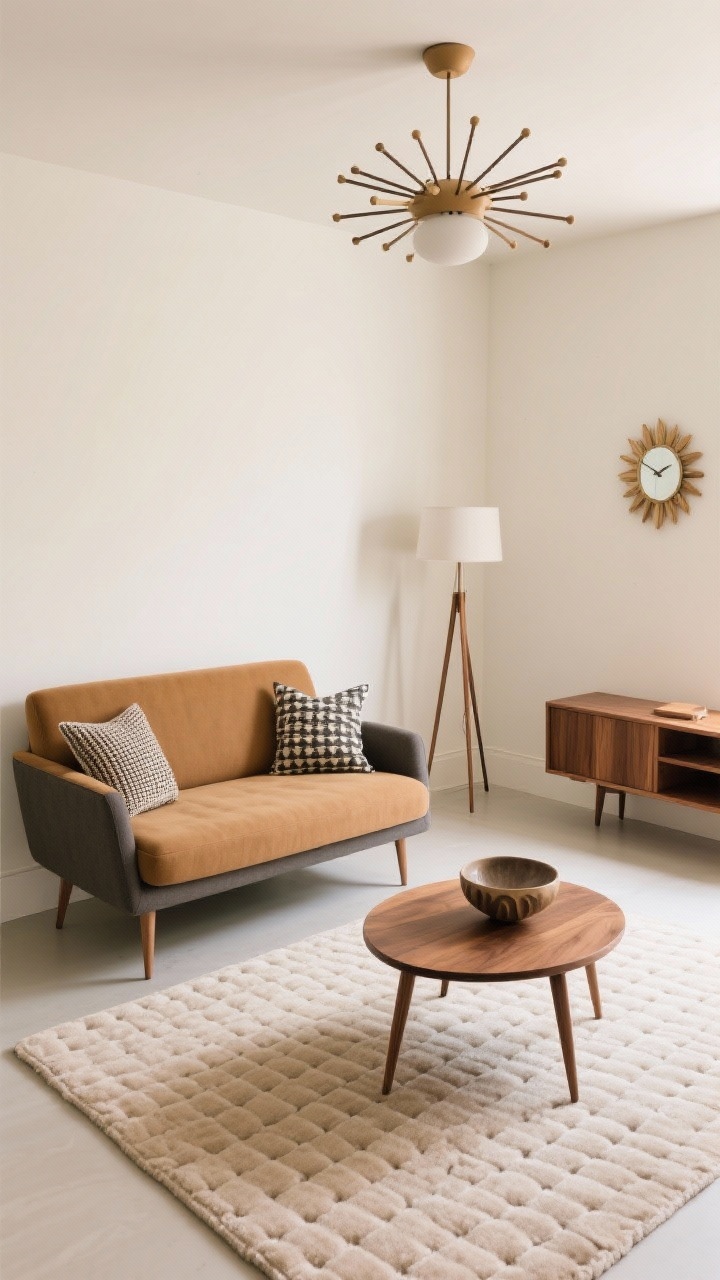 Overhead detail-plus context shot of micro mid-century setup: soft sand walls, petite mid-century sofa with tapered legs in camel or slate, small round walnut coffee table (no sharp corners) styled with a sculptural ceramic bowl and a couple of graphic pillows visible on the sofa; hand-tufted rug with subtle two-tone pattern beneath; slim tripod floor lamp by the sofa; sputnik-inspired flush-mount ceiling light in view; low floating wood media console along the wall; a single sunburst mirror or vintage clock above. Clean, bright lighting highlighting sculptural forms, compact and punchy. Photorealistic.