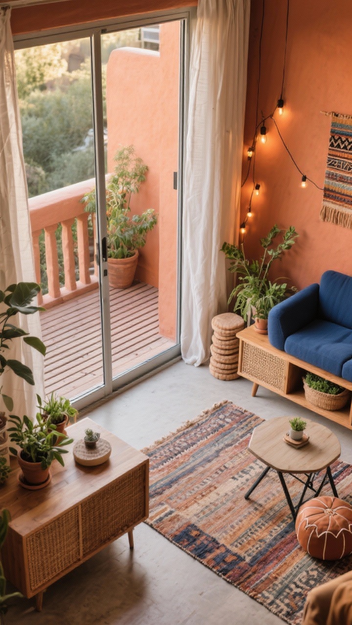 Overhead detail shot, Boho Balcony Spillover: A seamless transition between a living room and balcony. Inside: low cane-front media cabinet, compact ink blue loveseat, folding bistro table used as a side table. Stackable poufs tucked under the console. Breezy cotton curtains framing wide sliders. Outdoor-safe rug aligns with a matching indoor rug to merge spaces. Outside: slatted bench with storage, potted herbs, and string lights ready to glow at dusk. Color story of terracotta, ink blue, and natural wood, plants adding organic texture. Warm, late-afternoon natural light, no people, photorealistic.