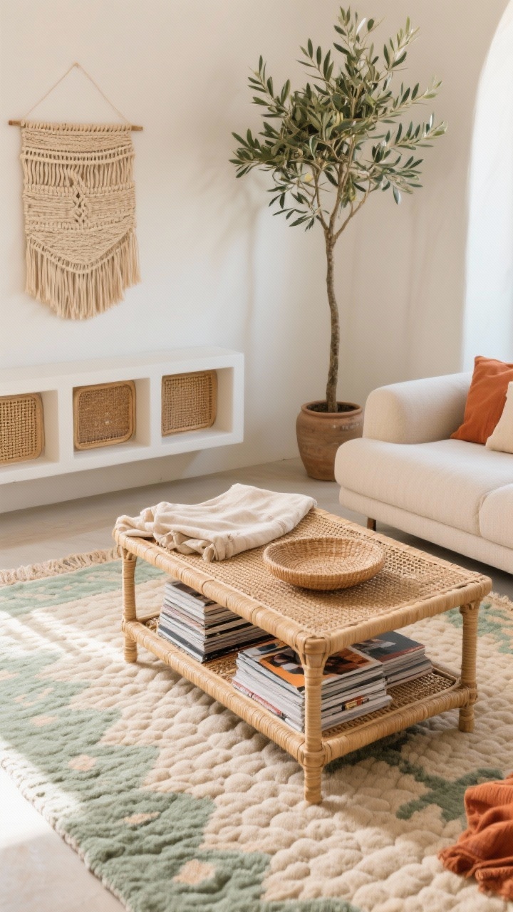 Overhead detail shot, Soft Boho Layers (Without the Clutter): rattan coffee table with a lower shelf holding neatly stacked magazines, set atop a tufted Moroccan-style rug in oat and soft sage tones. On the table: a single woven wall piece leaned flat for styling, linen and cotton textiles in coordinated oat, clay, and terracotta hues, subtle fringe details. Nearby edge of a cloudy low-profile oatmeal sofa visible; floating cubbies with cane doors along the wall. A tall olive tree in a slim pot rises out of frame, suggesting verticality. Soft natural daylight, photorealistic.