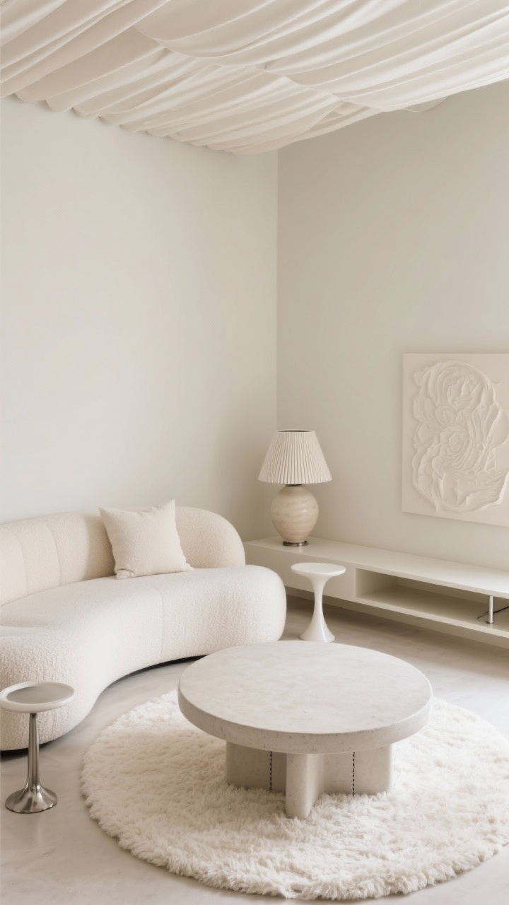 Overhead detail shot, Soft Monochrome curves and no corners: single-tone layered creams across elements, rounded bouclé loveseat edge with tone-on-tone pillows, oval cement coffee table centered on an oval cream shag rug, curved tulip side tables nearby, floating media shelf painted same cream as wall visible at frame edge, hidden-zip ottoman in matching tone, ribbed ceramic lamp base and low-relief plaster art glimpsed, brushed nickel accents kept subtle; soft, even lighting with ceiling-mounted ripple-fold drapes in the wall color elongating height, calm and seamless, photorealistic.
