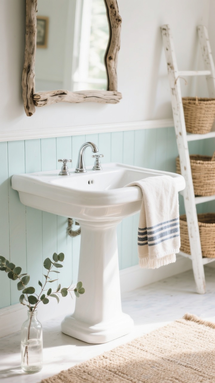 Photorealistic detail closeup capturing coastal cottage calm textures: white beadboard wainscoting meeting pale sea-glass painted wall, edge of a pedestal sink with curved lines and polished chrome faucet. Foreground includes striped Turkish towel draped over the sink, a sand-hued cotton rug below, and eucalyptus stems in a clear bottle. In the background blur, a reclaimed driftwood-framed mirror and a hint of a white ladder shelf with woven seagrass baskets. Soft, sun-kissed natural lighting, airy, breezy palette, shallow depth of field, straight-on vignette.