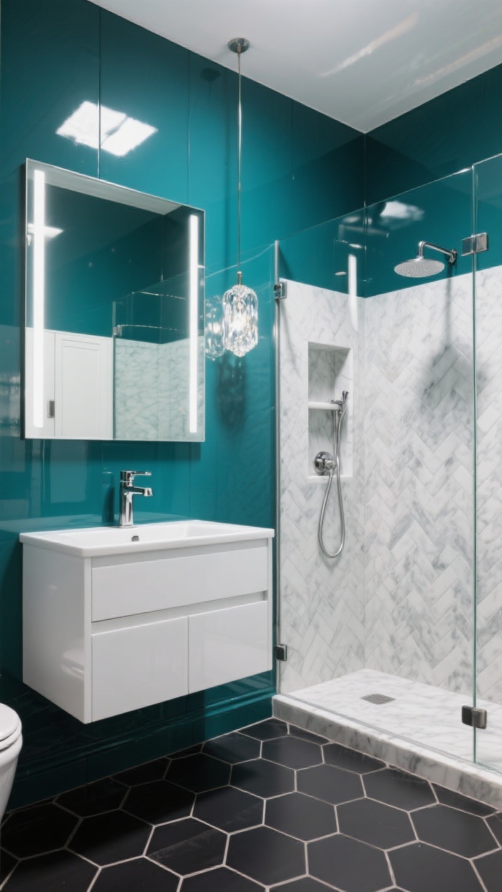 Photorealistic medium corner view of a high-gloss city jewel box bathroom: deep teal high-gloss lacquered upper walls, white lacquer vanity below a full-height mirror that amplifies brightness, frameless corner glass shower. Polished nickel faucet, prismatic glass pendant adding sparkle. Small-format black hex floor tiles with light gray grout, a mirrored medicine cabinet, and a slim glossy tower cabinet. Inside the shower, a single marble herringbone niche as a patterned pop. Dramatic yet luminous mood, reflective surfaces, angled perspective to show bounce of light.