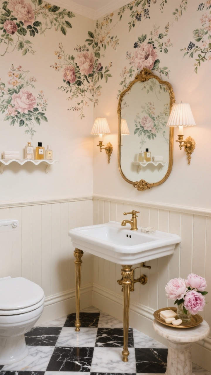 Photorealistic medium shot of a Parisian powder room: creamy walls with half-height chair rail and thin panel molding, above adorned with muted floral/toile wallpaper in blush, moss, and ink tones. Delicate console sink with brass legs and a classic cross-handle faucet, a gilded vintage mirror above, and a petite two-arm sconce with pleated shades casting a candlelit glow. Small-square checkerboard marble floor in Carrara and Nero Marquina, scalloped wall shelf displaying perfumes and guest soaps, tiny pedestal tray with fresh peonies nearby. Elegant, romantic atmosphere, slightly elevated angle to showcase molding and floor pattern.