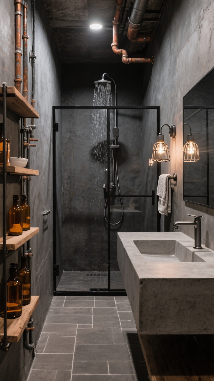 Photorealistic wide, corridor-style industrial loft bathroom: charcoal cement-look walls, black steel-frame shower screen, floating concrete-look vanity with a slim rectangular sink. Single exposed bulb sconce with cage shade, brushed gunmetal hardware, open metal shelves with wood planks holding neatly decanted amber bottles. Matte warm-gray porcelain floor laid in running bond. Ceiling-mounted rain shower with hand shower, exposed copper pipe towel rail beginning to patina. Moody yet functional lighting, linear composition from a narrow hallway perspective.