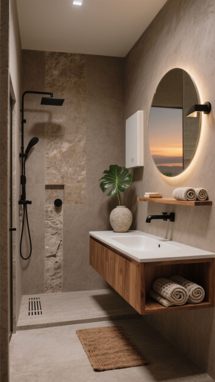 Photorealistic wide shot of a tiny Japandi spa bathroom nook: taupe microcement walls, floating warm oak vanity with a slender integrated sink, matte black fixtures used throughout, curbless shower with large-format porcelain mimicking limestone and a linear drain. A backlit round mirror glows softly like sunrise with a slim sconce beside it, recessed hidden medicine cabinet, and a narrow slatted oak shelf holding rolled waffle towels. Single fiddle-leaf cutting in a stone vase, cedar bath mat on the floor. Calm, warm, boutique-hotel lighting, clean lines, serene composition, straight-on perspective.