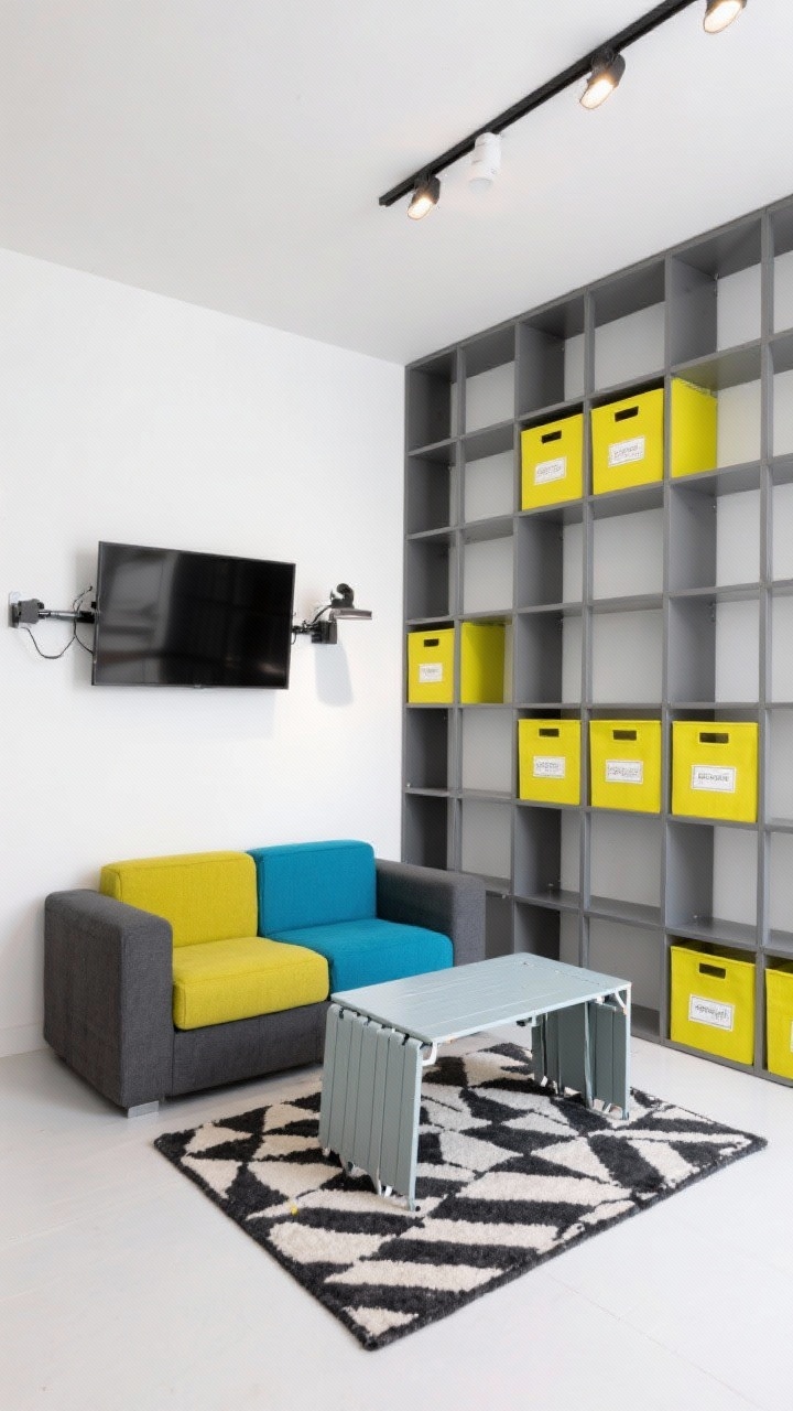 Straight-on wide shot, High-Contrast Micro Modular: tiny living room with crisp white walls, graphite accents, and pops of citron or cobalt. A modular two-piece sofa configured as a lounge faces a folding drop-leaf table used as a compact coffee table. Floor-to-ceiling grid shelving with labeled bins maximizes storage. Track/rail lighting washes the walls to erase shadows; a TV on a swivel arm allows flexible viewing. Zoned rug with bold geometric defines the seating area. Clean, architectural feel, bright evenly lit photorealism.