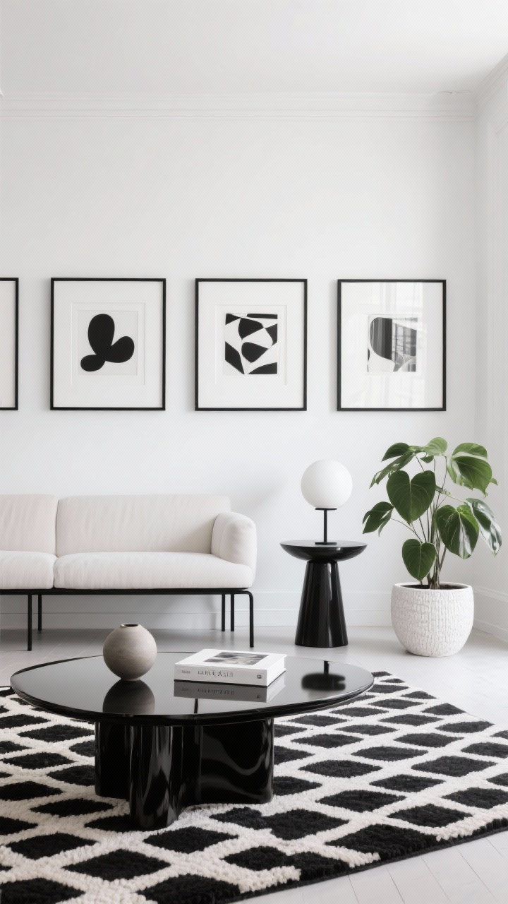 Straight-on wide shot of black-and-white gallery chic: soft white walls, armless sofa with black metal legs centered on a black-and-ivory geometric rug; symmetrical gallery wall of simple black frames with white mats filled with abstract prints; black pedestal side table holding a spherical lamp; glossy lacquer coffee table in black or white with minimal styling—a single ceramic object and a hardcover art book; one sculptural green plant in a textured white pot to soften contrast. Bright, even daylight for crisp high contrast. Photorealistic.
