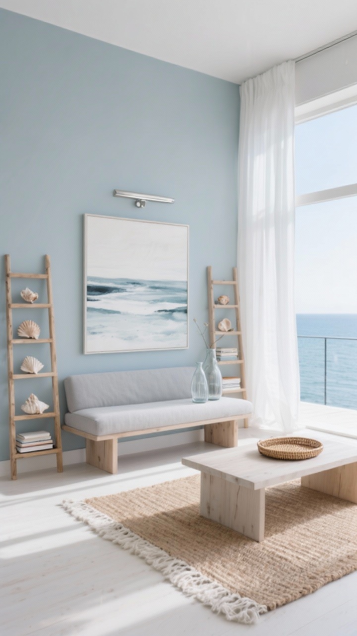 Wide, airy coastal minimal scene: walls painted misty blue-gray that nearly reads white, ceiling-height sheer curtains drawing the eye up, narrow bench-style sofa in pale gray, natural wood ladder shelf flanking the sofa holding curated shells, clear glass vases, and linen-bound books; simple bleached wood coffee table with a rattan-accent tray; oversized abstract seascape with lots of negative space; jute rug layered with a soft cotton flatweave; delicate brushed nickel picture light over the art. Bright, diffuse daylight like a seaside penthouse, palette of mist blue-gray, pale gray, white, natural wood. Photorealistic.
