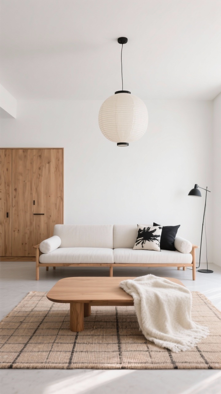 Wide, minimalist Japandi view: bone white walls, warm ash wood, and ink accents. Centered bench-style sofa with tight seat cushions, cylindrical bolsters, and tall legs to maximize floor visibility. Across from it, a wall-spanning closed-front media cabinet with flat, handleless push-latch doors. Low rectangular ash wood coffee table with rounded corners; flatweave rug with subtle grid pattern. Nubby ivory throw, two ink-brush pillows. Paper lantern pendant overhead and a minimalist black floor lamp. Clean lines, calm, abundant negative space, soft daylight.