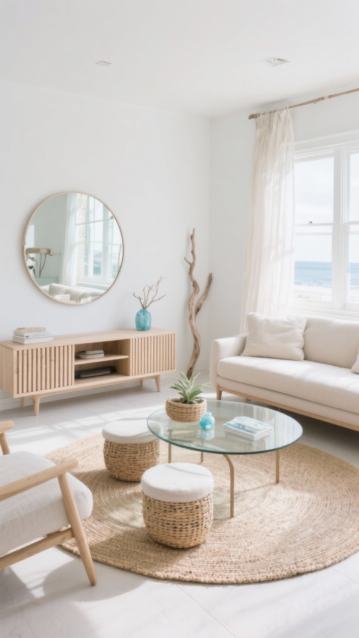 Wide shot, Airy Coastal Minimalism living room: oyster white walls, pale oak slatted media console with an oversized round mirror above it reflecting daylight, low-profile sand linen sofa, armless slipper chairs, a backless bench under the window with sheer gauzy curtains pooling lightly, round jute rug centered beneath a glass-topped coffee table, nesting side tables, woven basket planters with a small coastal plant, subtle sea-glass blue accents, driftwood decor; bright natural daylight, clean sightlines, airy and unfussy coastal mood, photorealistic.