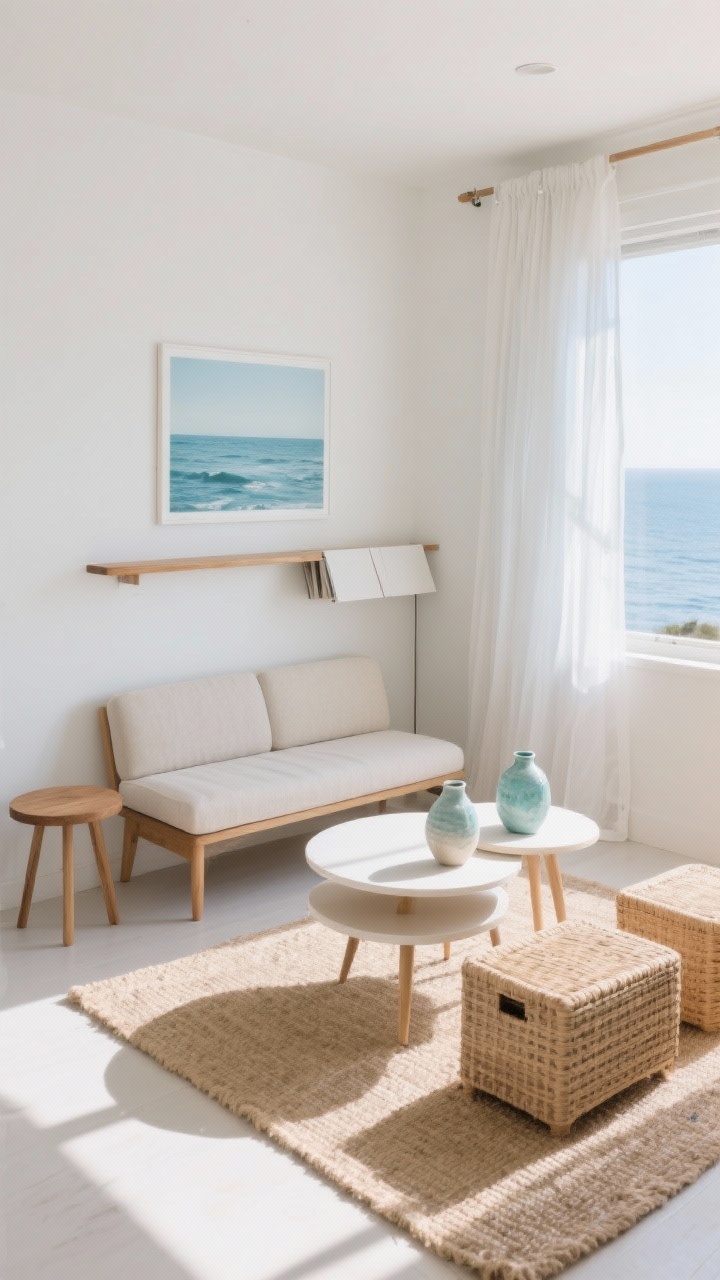 Wide shot, Coastal Foldaway Lounge: A sunlit small living room in soft whites, misty blues, and sandy beiges. A compact bench-seat sofa on thin oak legs faces a rounded nesting coffee table where one piece slides under the other. A wall-mounted drop-leaf table folded down along one wall, paired with a simple oak stool. Rattan storage ottomans tuck under the drop-leaf, sheer linen curtains hung high and wide over a tall window, a jute rug underfoot. Minimal decor: ceramic vases in sea-glass tones on the coffee table, a single oversized ocean print above the sofa. Bright natural coastal light, airy and breathable, no people, photorealistic.